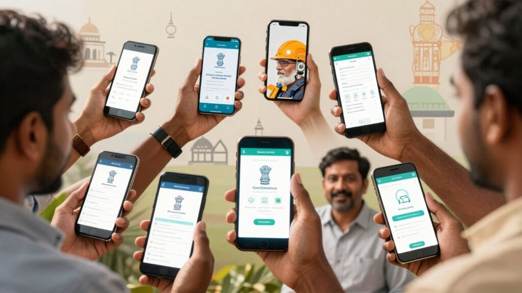Indian citizens using government apps on smartphones.
