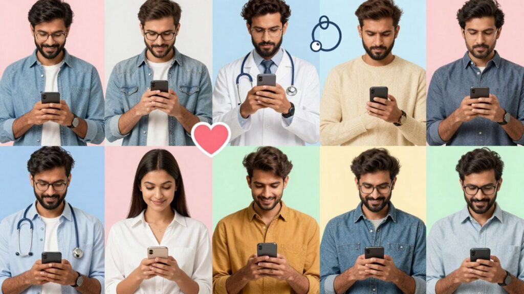 Indian citizens using government health apps on smartphones.