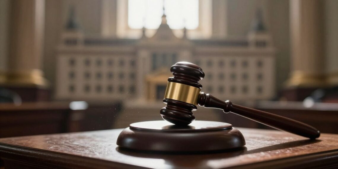 Gavel on documents, parliament building background.