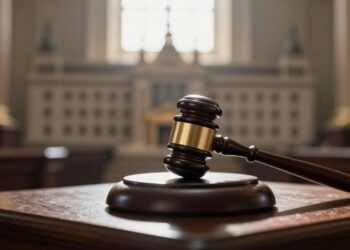 Gavel on documents, parliament building background.