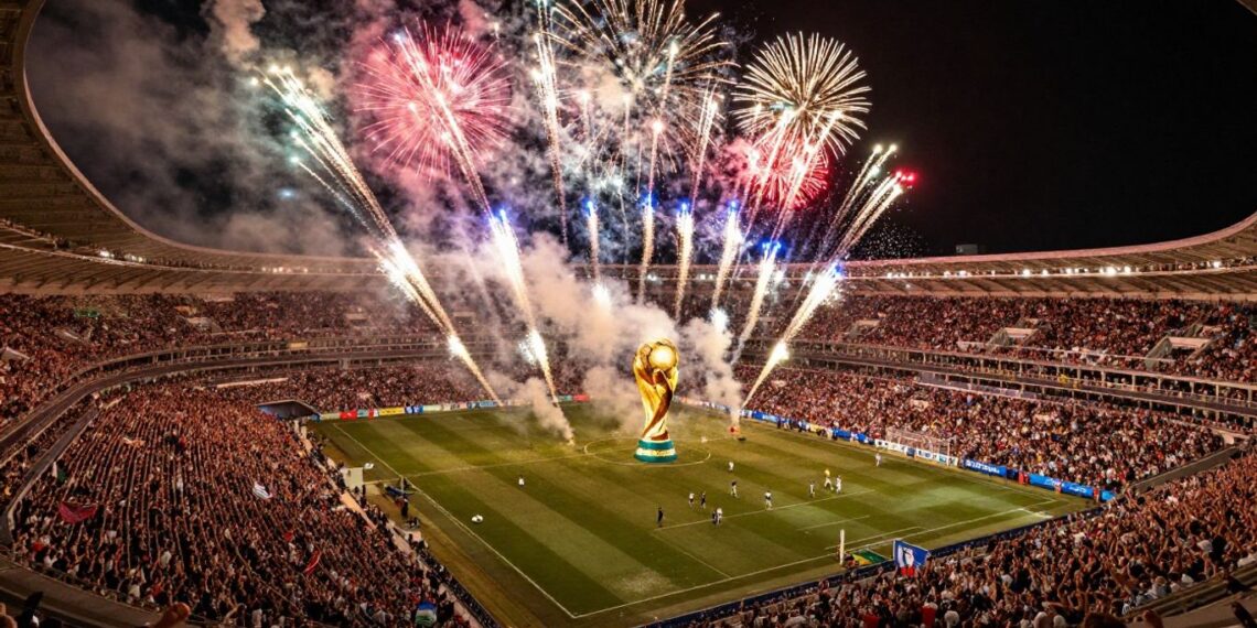 FIFA World Cup 2026 trophy celebration with fireworks.