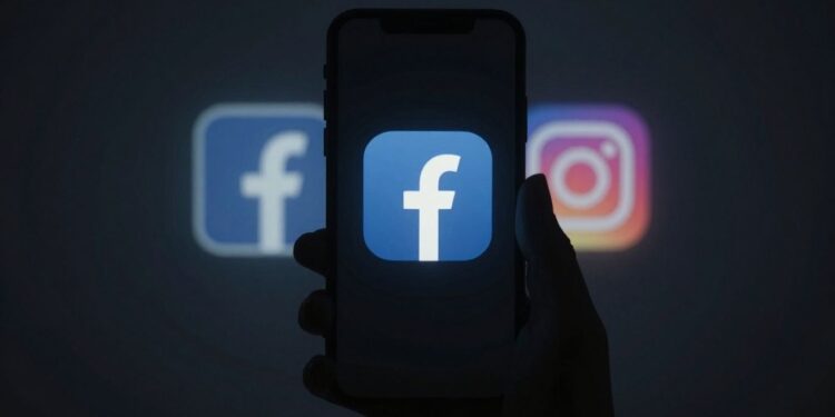 Facebook and Instagram outage symbol on a dark phone screen.