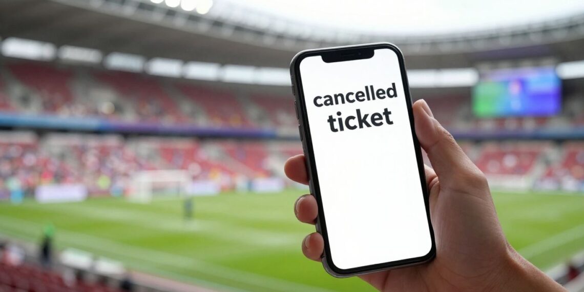 Fan with cancelled FIFA World Cup ticket on phone.