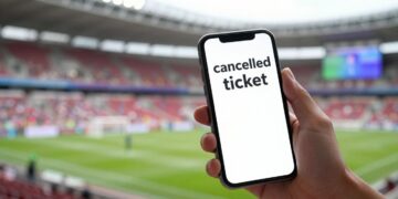 Fan with cancelled FIFA World Cup ticket on phone | JustPicked Fan with cancelled FIFA World Cup ticket on phone.