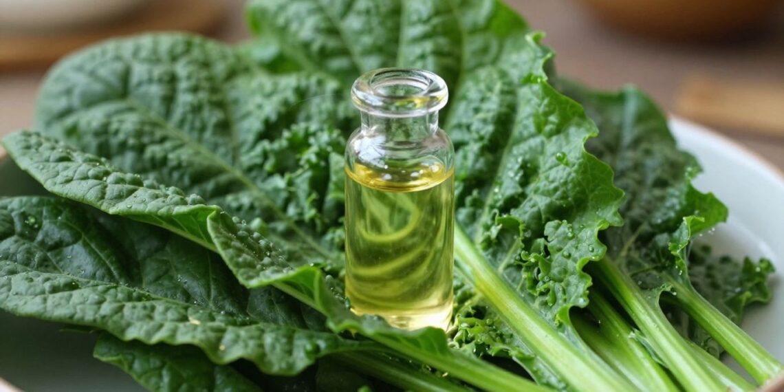 Leafy greens and a vial of vitamin B12 supplement.