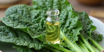 Leafy greens and a vial of vitamin B12 supplement.