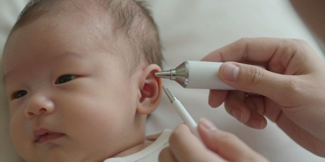 Newborn babys ear during a hearing screening | JustPicked Newborn baby's ear during a hearing screening.